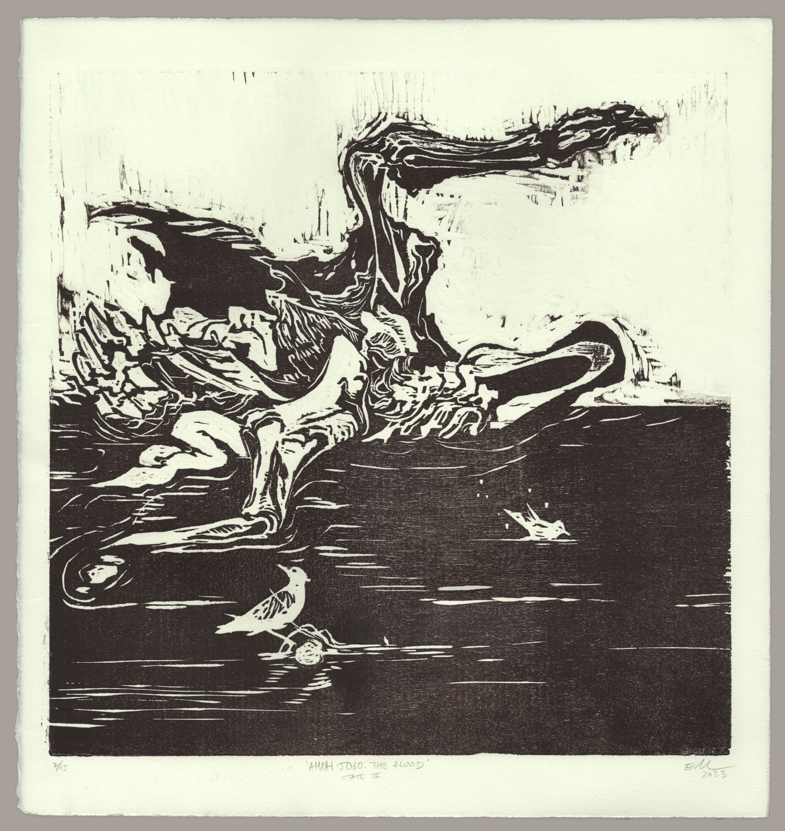 A black and white print of a duckbill dinosaur carcass lying on a floodplain with a shallow covering of water. One of its front legs sticks up into the air and its head is upturned so that its bill-shaped skull is visible. Its chest is torn open and entrails fall out into the water. Beneath the large dinosaur, a small bird washes itself and another perches on a piece of driftwood. The print is signed: '2 of 15, AMNH 5060 (The Flood) State 2, EM 2023'