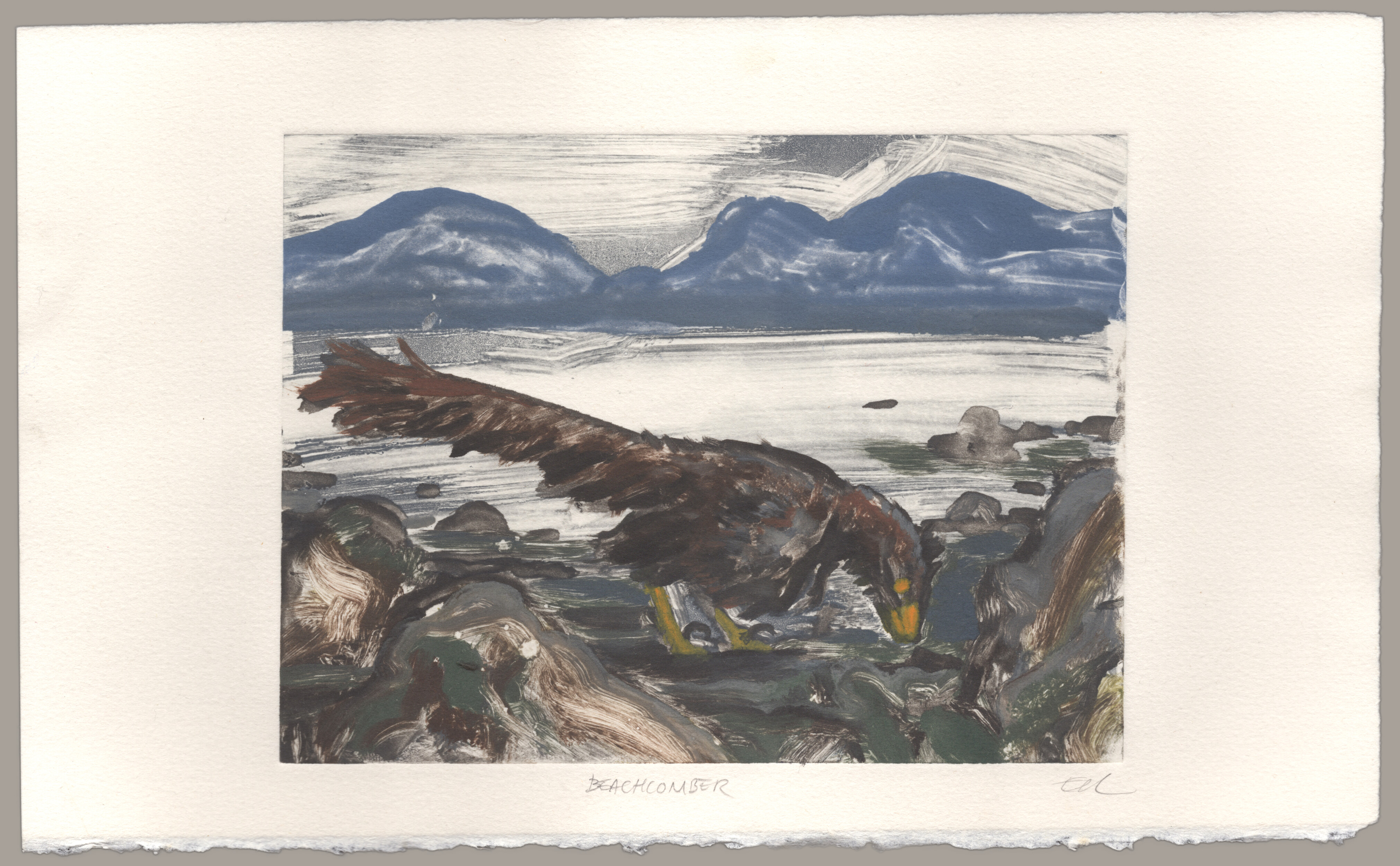 A monotype print of a feathered dinosaur on a rocky beach. The print is signed 'Beachcomber, EM'