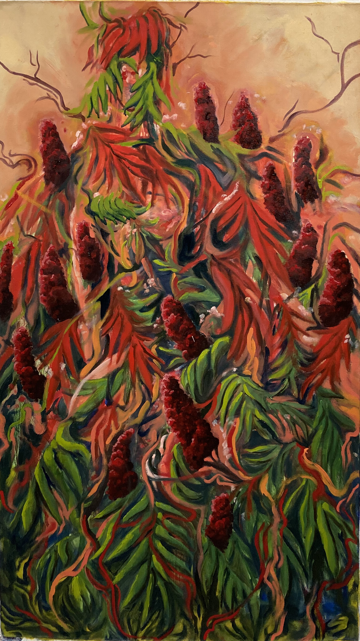 A large, delicately rendered staghorn sumac bush with red, cone shaped flowers and green leaves. It rises up against a light colored background and seems to blow gently in the wind.