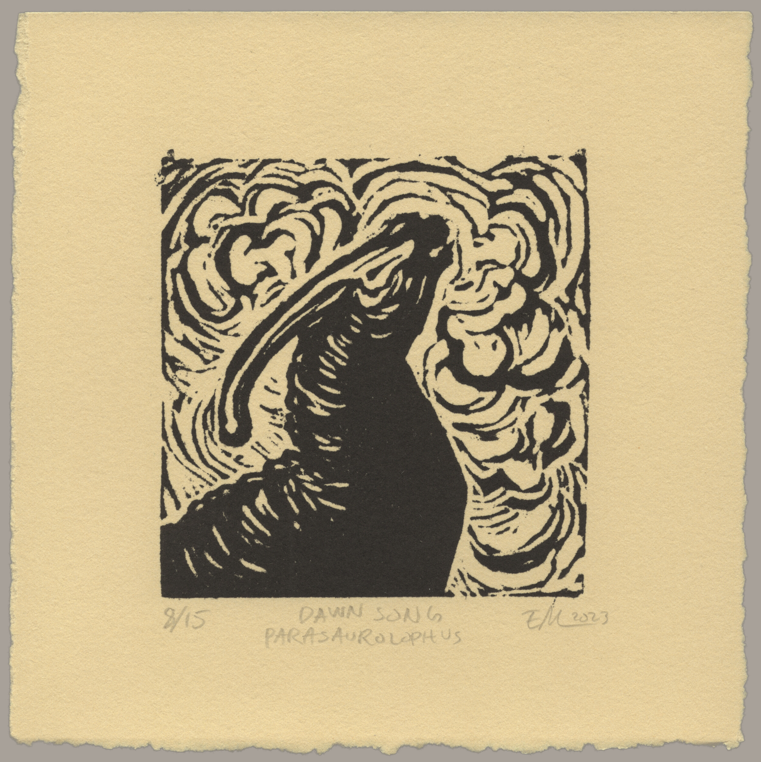 A black linocut print on warm, sand-colored paper showing a bust of a dinosaur with a long head crest extending backwards from its face and curving slightly over its neck. The dinosaur is lifting its head and calling with billows of fog surrounding it and the sun gently reflecting on its back. The print is signed '8 of 15, Dawn Song (Parasaurolophus), EM 2023'