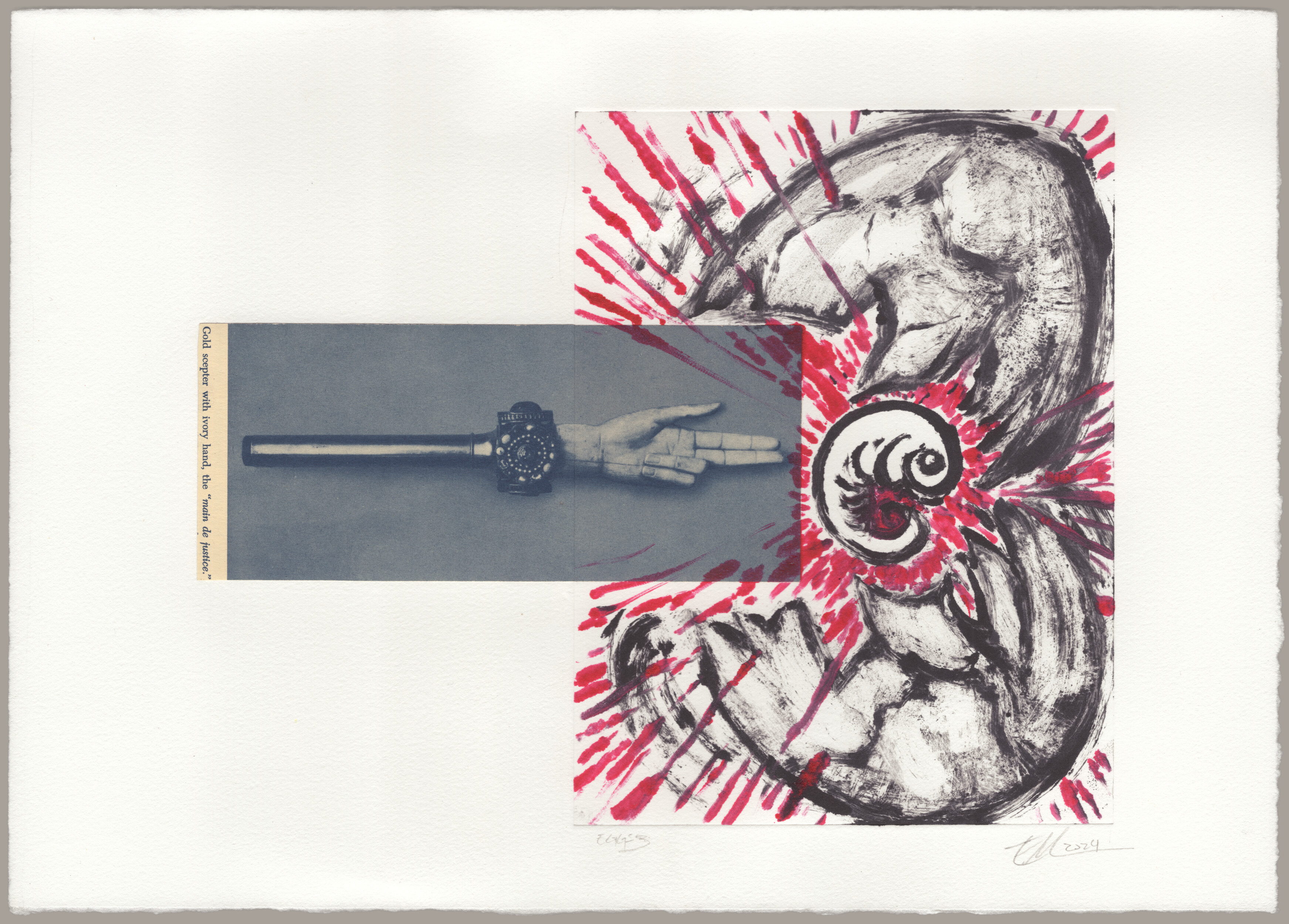 A monotype print is oriented vertically on the right hand side of the page, showing an egg cracked open to reveal a white embryo with a red starburst emenating from it. In the center of the page there is a pasted-on black and white image of a scepter with an emblem and a carved white hand, aligned to point with two fingers at the embryo. Vertical text on the far left of the image reads 'Gold scepter with ivory hand, the 'main de justice'. The print is signed: 'Eggs 3, EM 2024'