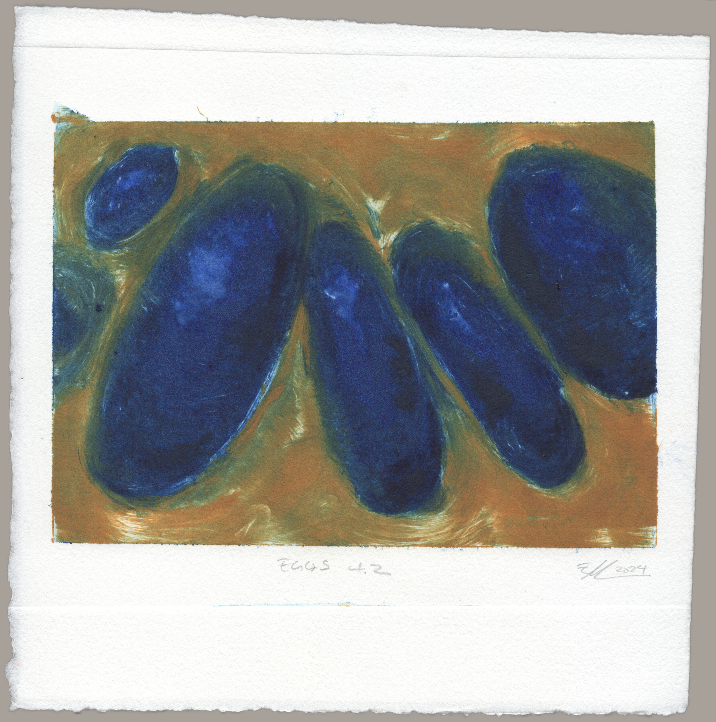 A collection of four long, bulbous blue eggs on an ochre background. The print is signed: 'Eggs 4.2, EM 2024'