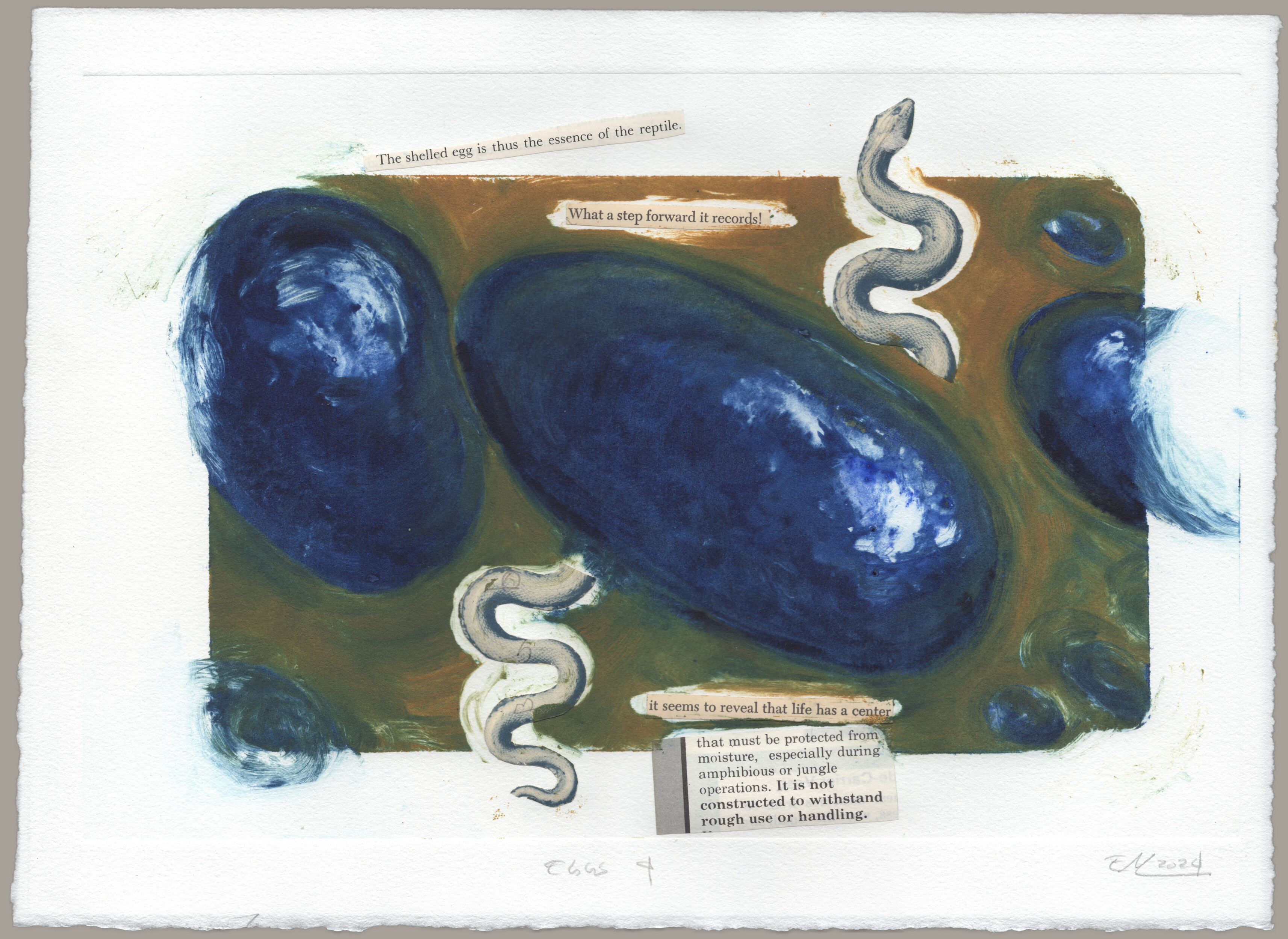 A monotype print of three bulbous blue eggs on an ochre and green background with a cut out black and white image of a snake pasted on, its body split above and below the central egg. Text above the egg reads 'The shelled egg is thus the essence of the reptile. What a step forward it records!'. Text below reads 'it seems to reveal that life has a center / that must be protected from moisture, especially during amphibious or jungle operations. It is not constructed to withstand rought use or handling.' The print is signed: 'Eggs 4, EM 2024'