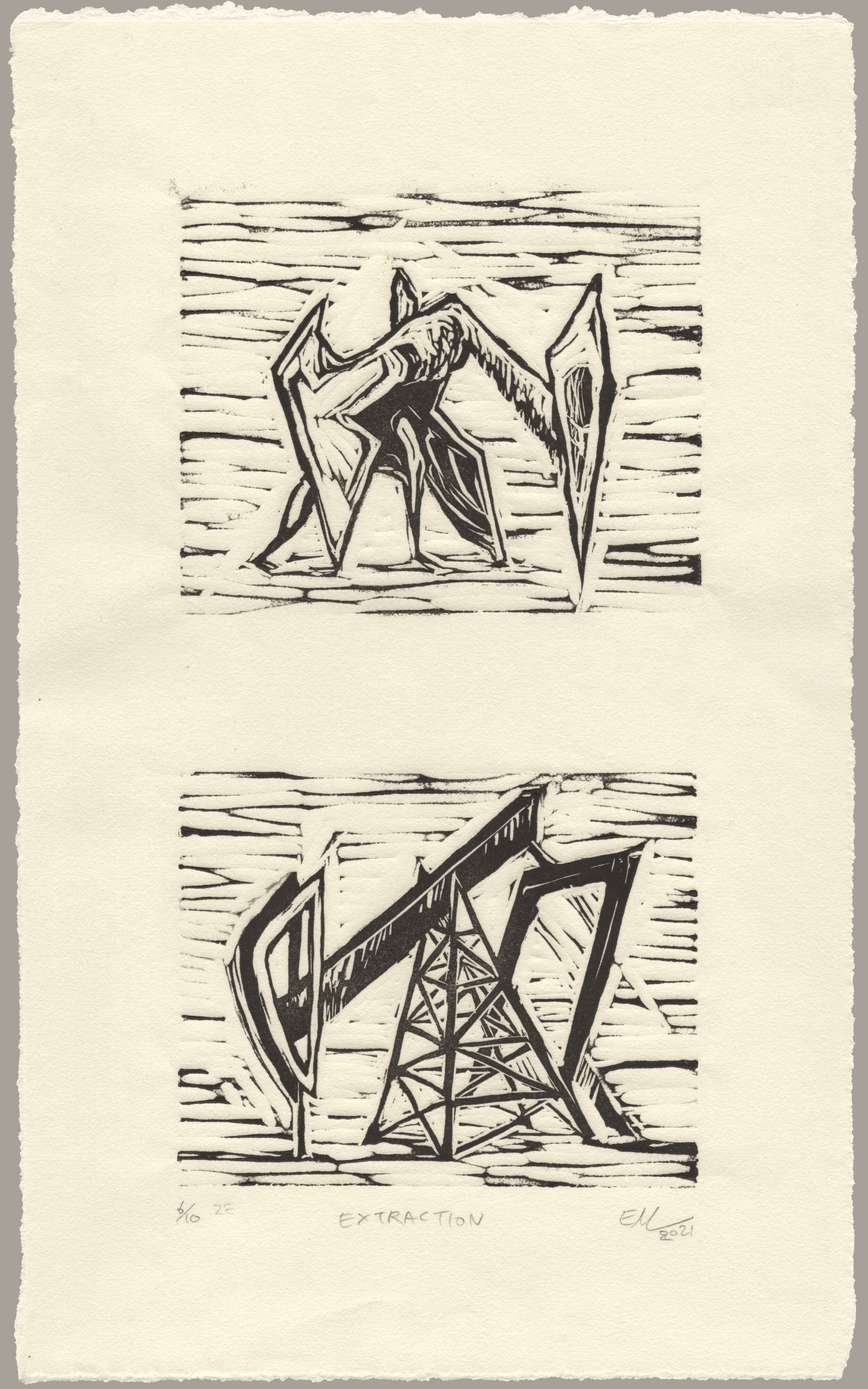Two linocut images on delicate off-white paper: the top one is of a gaunt and skeletal pterosaur depicted in an angular style; it is standing, facing right, with its wings folded and its neck bent so that the tip of its beak rests on the ground and its pointed head crest sticks directly upwards. The lower one is of an oil pumpjack, facing left, its head low near the ground and the beam sticking up in the air. The two images are like mirrors of each other in their style and pose. The print is signed: '6 of 10, Second Edition, Extraction, EM 2021'