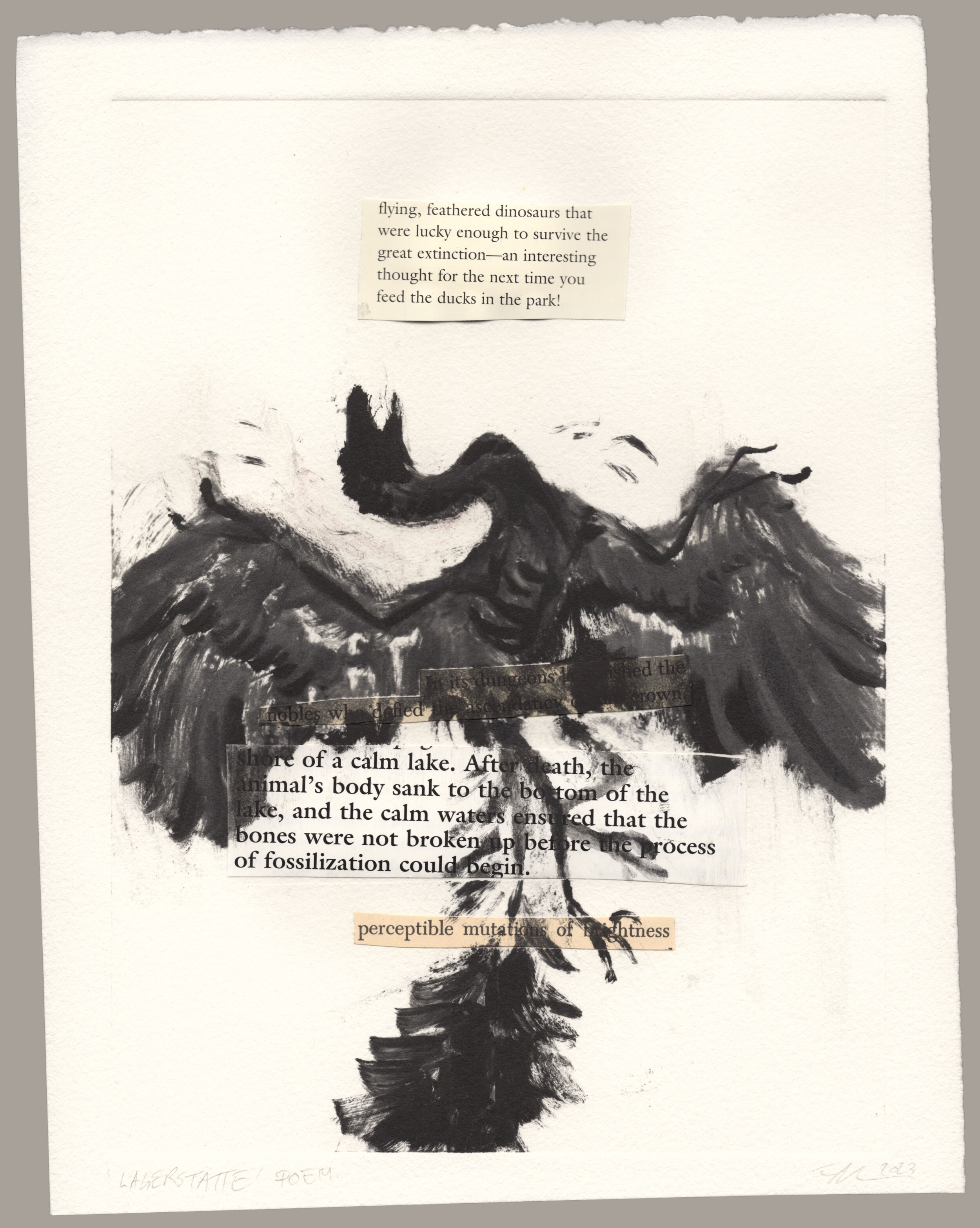 A black monotype print of Archaeopteryx with pasted blocks of text discussing fossilization underneath.