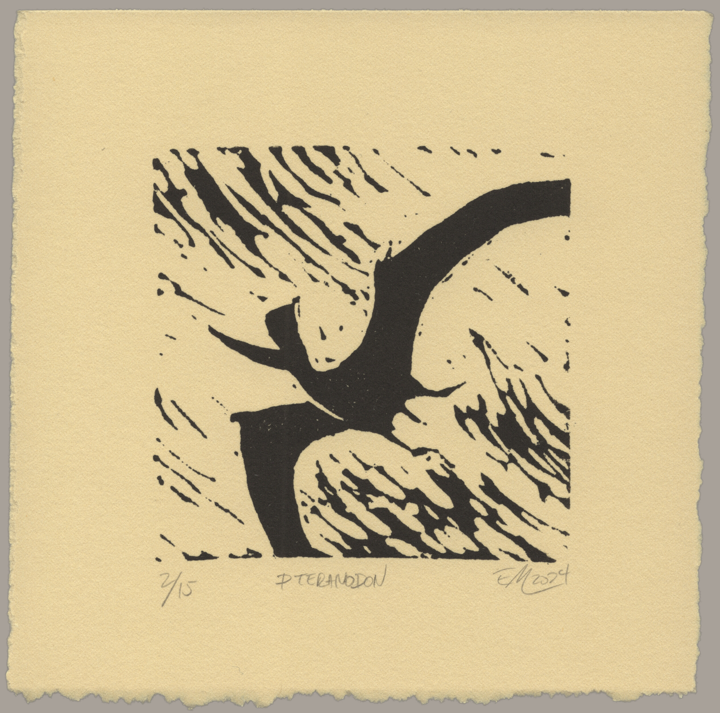 A black linocut print of a flying pterosaur in silhouette. The print is signed '2 of 15, Pteranodon, EM 24'