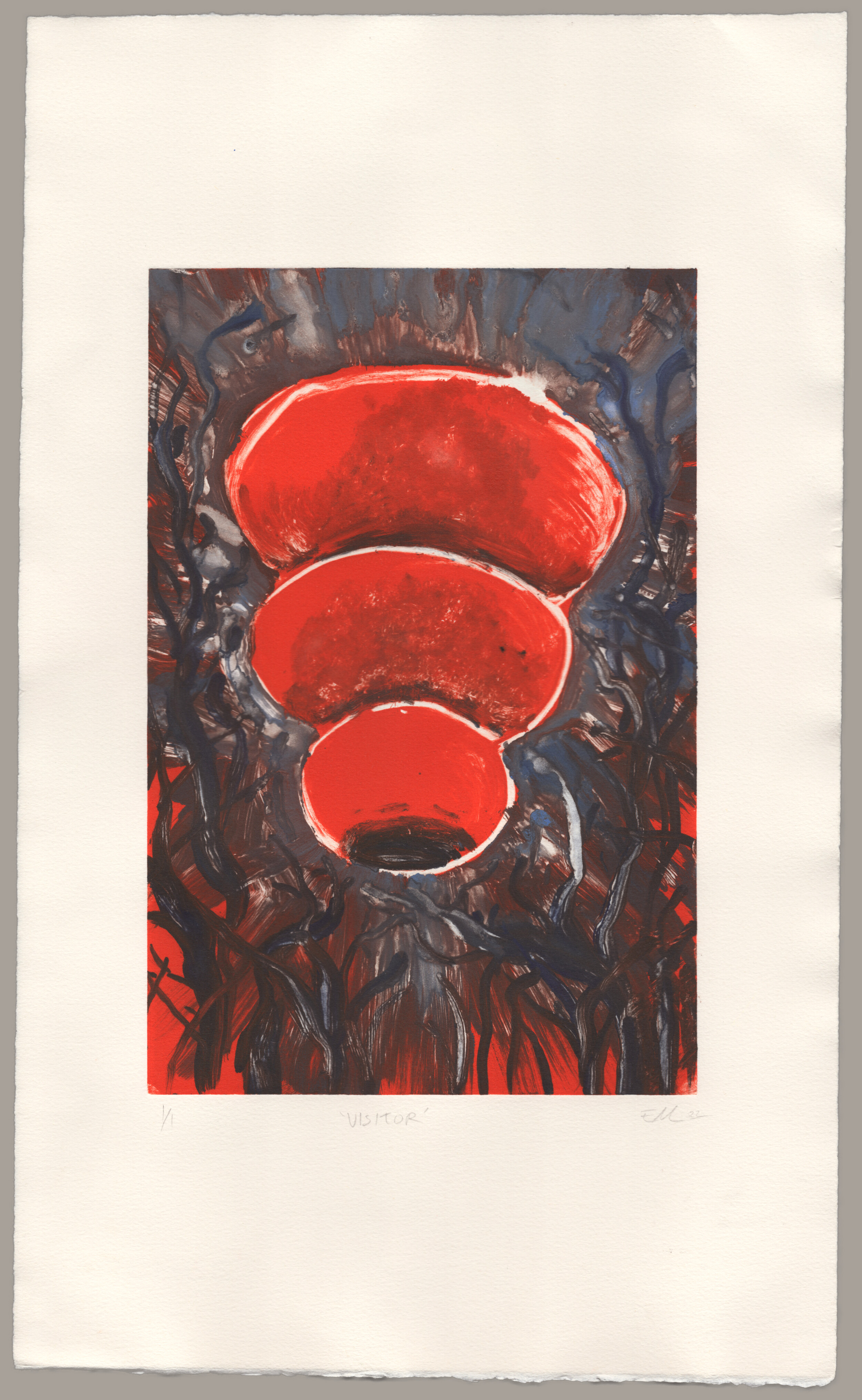 A monotype print of a bright red Kong dog toy floating, tip down, against an abstract background of dark gnarled trees or smoke in a red sky. The Kong dominates the image and appears to be glowing and radiating energy. The print is signed: '1 of 1, Visitor, EM 22'