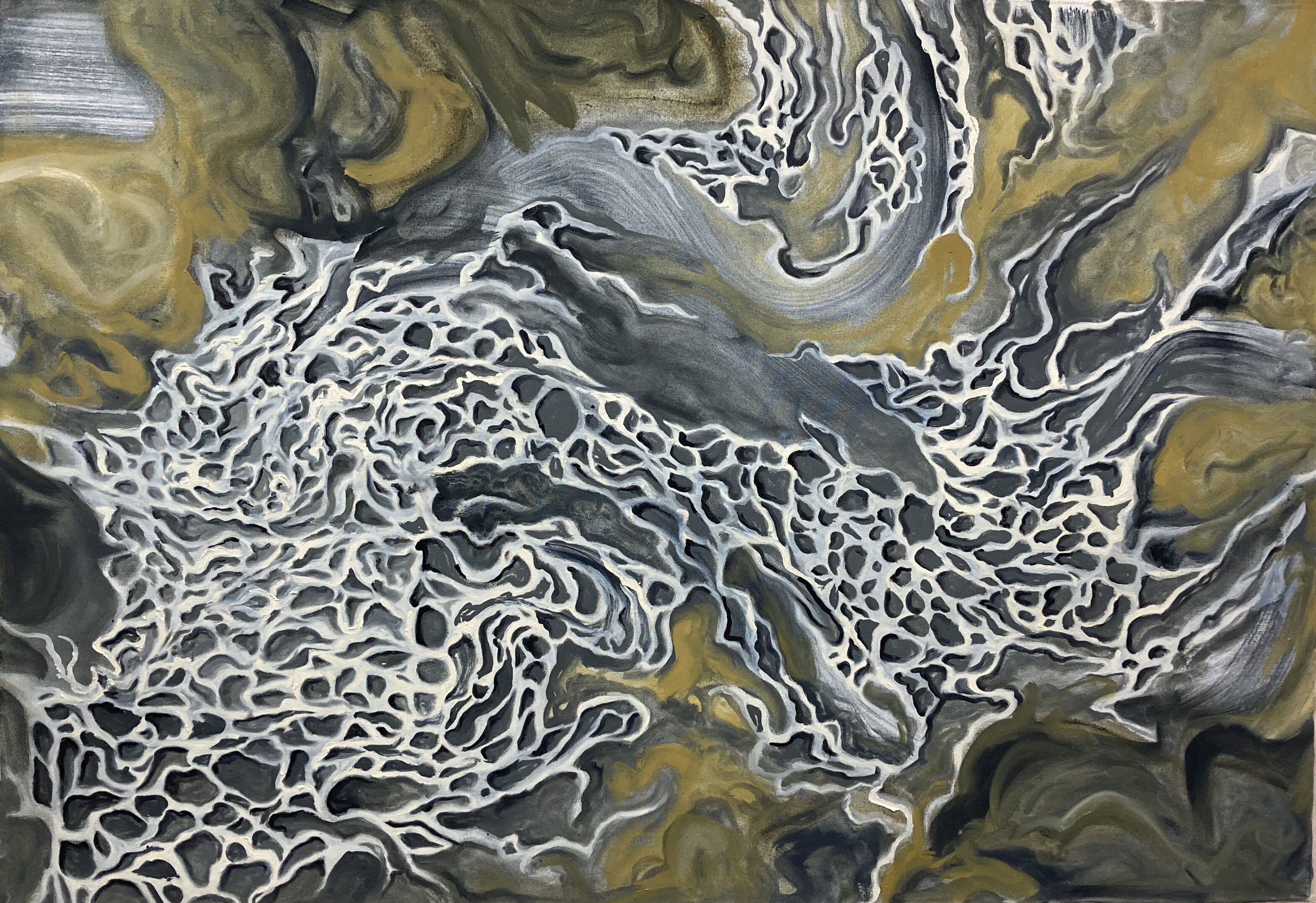 An oil painting of a weathered rock texture. Against a backdrop of swirling grey, yellow, and brown, there is a spiderweb-like white texture which lays on top of the surface and defines the curves of rock. Raised ridges in the bottom left rise up towards the center and down again into a saddle as it moves right. Above, in the center, another textured curve sticks out into the flat swirling color.