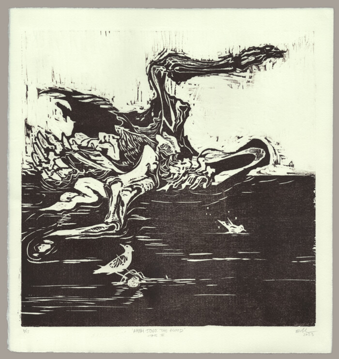 A woodcut print of a dinosaur carcass in shallow water with two small birds bathing nearby.
