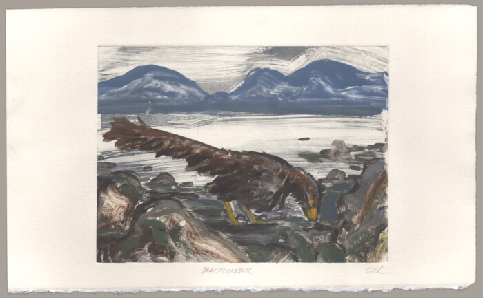 A monotype print of a feathered dinosaur on a rocky beach.