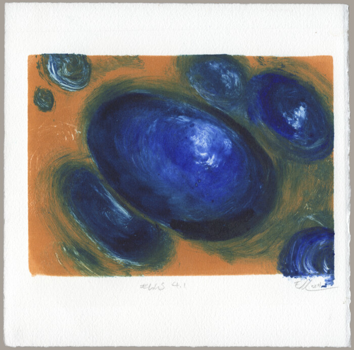 A monotype of bulbous blue egg shapes on an ochre background.