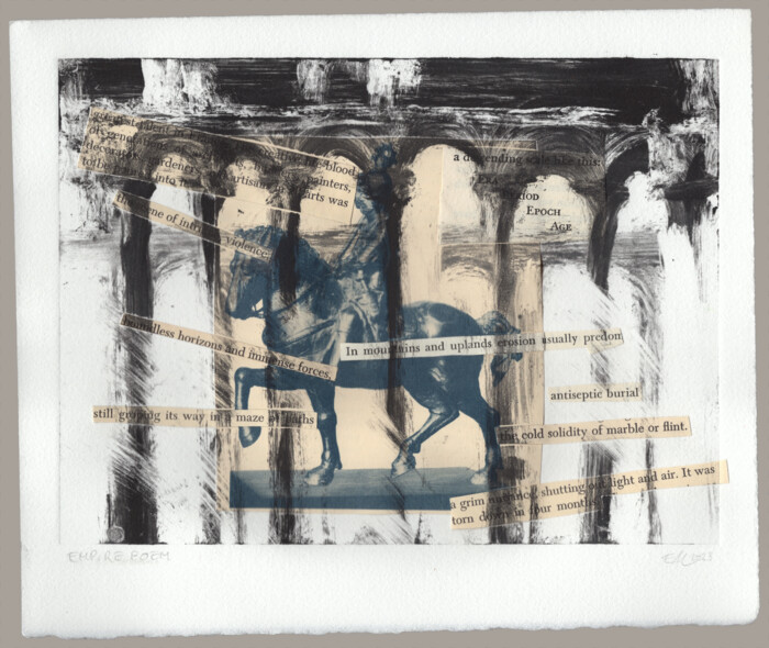 A monotype showing a colonnade in black over a cut out image of a seated rider and text set at odd angles.