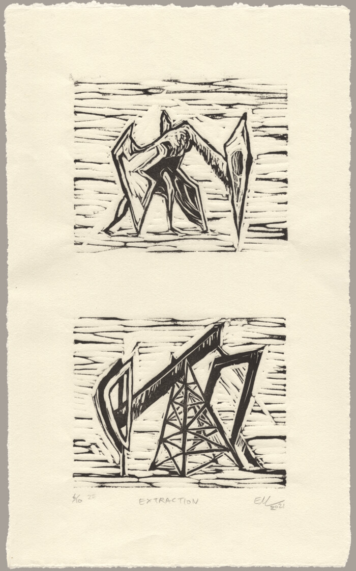 Two linocut prints stacked vertically: the top one is of a stylized Pterosaur and the bottom is of a pumpjack.