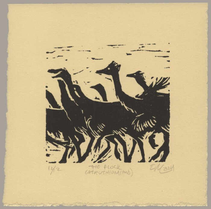 A black linocut print on warm paper showing a closely packed flock of feathered dinosoaurs walking to the left.