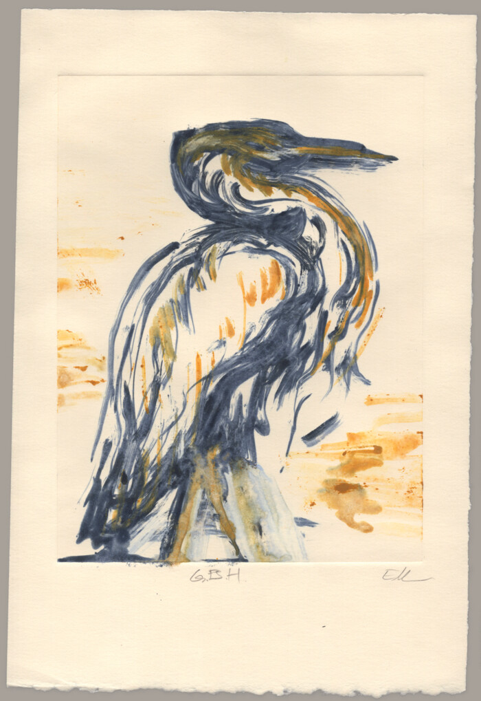 A monotype print of a Great Blue Heron in loose brushstrokes.