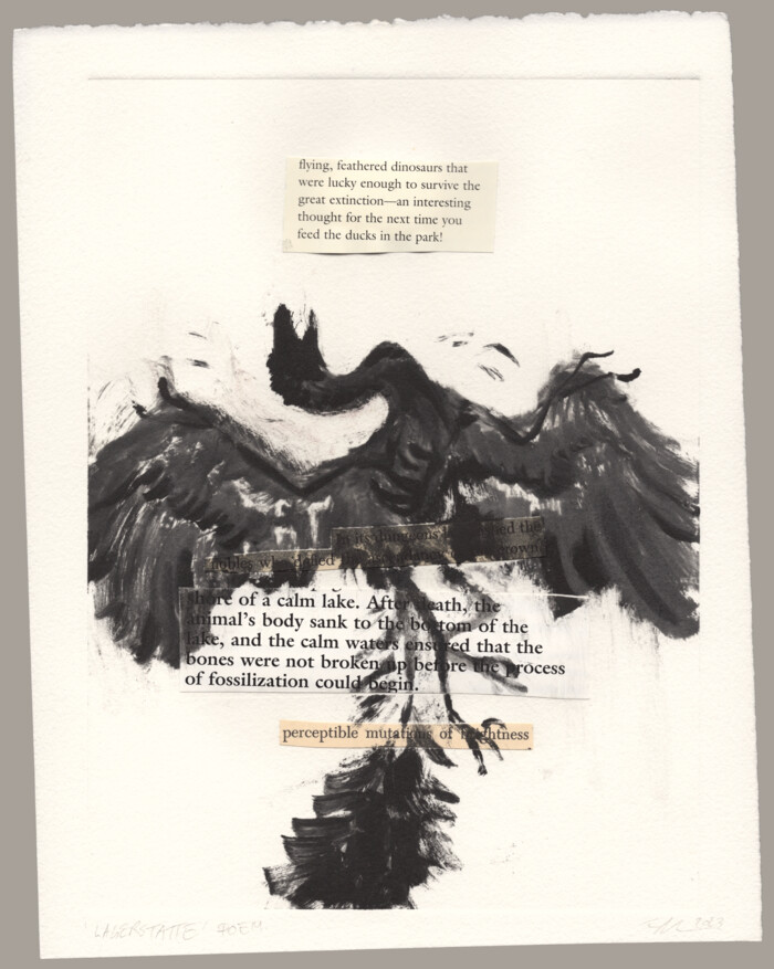 A black monotype print of  Archaeopteryx with pasted blocks of text discussing fossilization underneath.