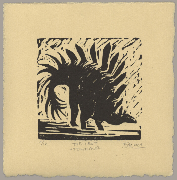 A black linocut print on warm paper showing a dinosaur with large back plates and a spiked tail.