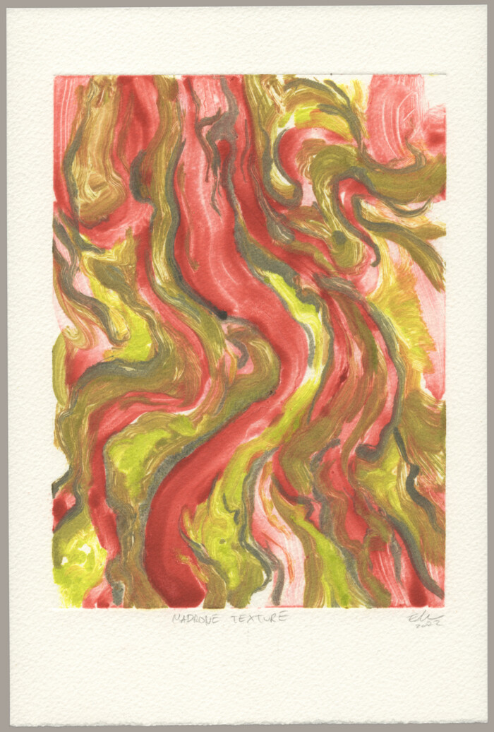 An abstract monotype print of green and red gnarled Madrone tree bark.