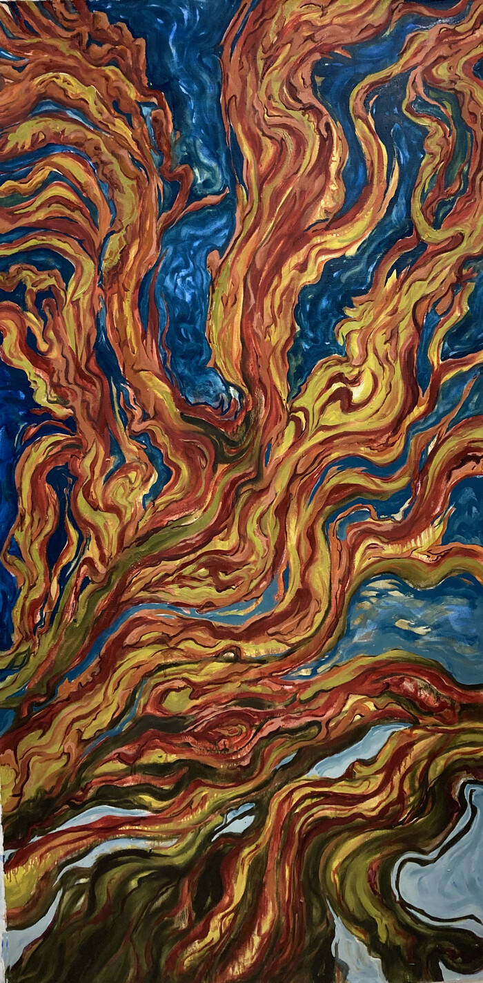 A stylized, fluid oil painting of a Pacific Madrone tree seen from underneath against the sky.
