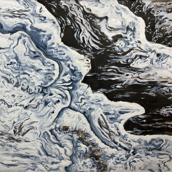 A stylized oil painting of waves lapping on a rocky shore, close up.